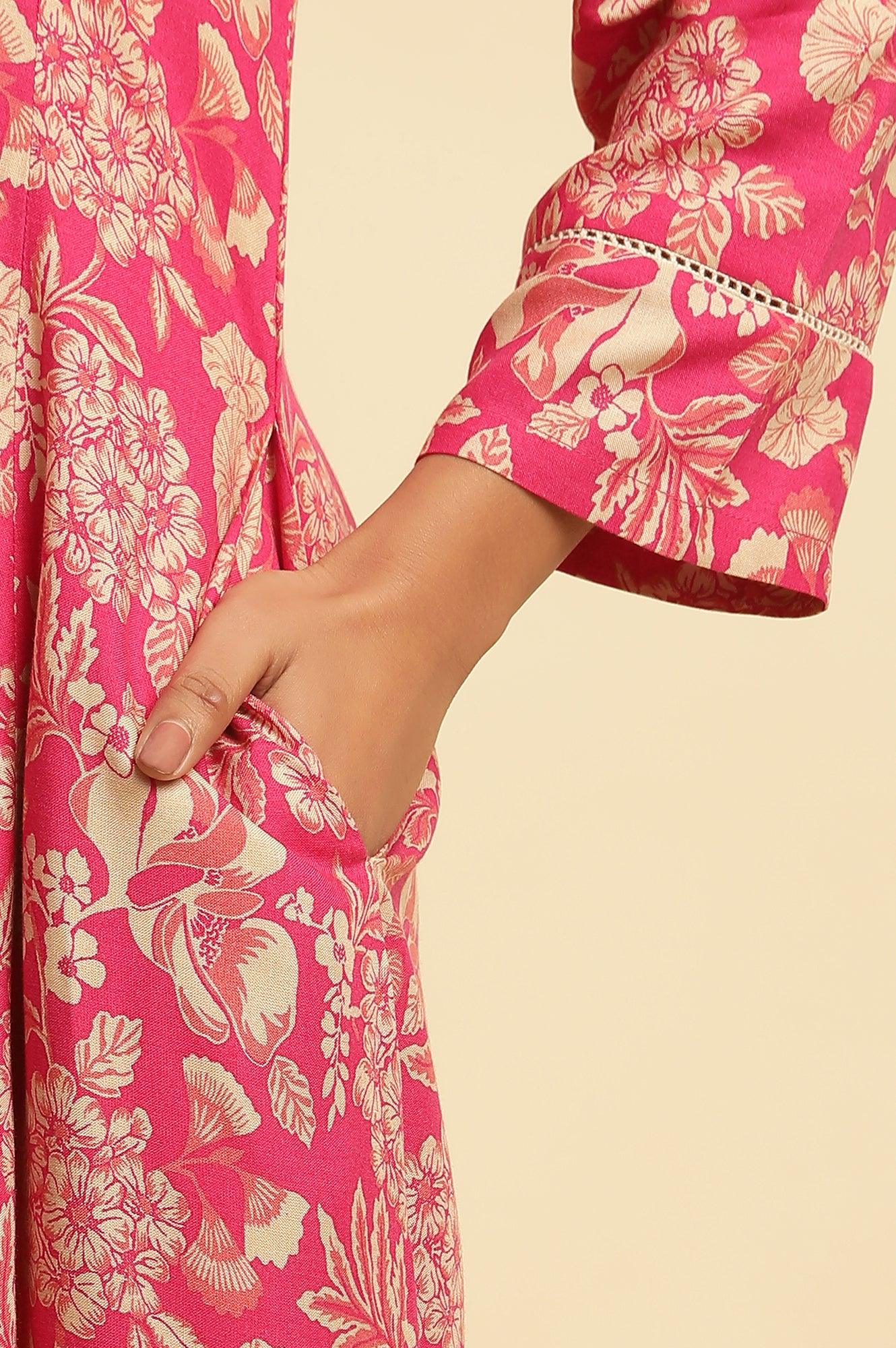 Pink Floral Printed A-Line Kurta, Pants And Dupatta Set - wforwoman