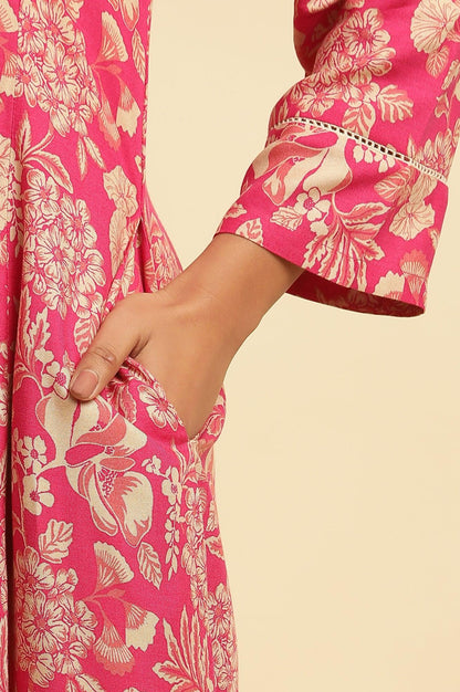 Pink Floral Printed A-Line Kurta, Pants And Dupatta Set - wforwoman