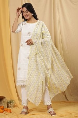 White A-Line Cotton Checker Kurta, Pants And Dupatta Set