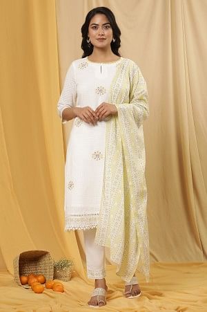 White A-Line Cotton Checker Kurta, Pants And Dupatta Set
