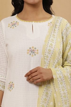White A-Line Cotton Checker Kurta, Pants And Dupatta Set