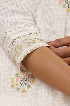 White A-Line Cotton Checker Kurta, Pants And Dupatta Set