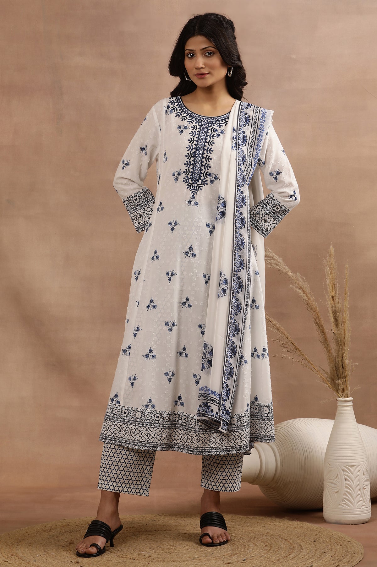 White Printed Flared Kurta, Printed Pants And Dupatta Set - XS