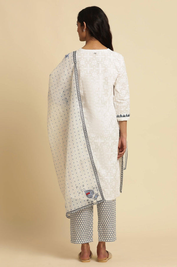 White Khadi Printed Cotton Kurta, Pants and Dupatta Set