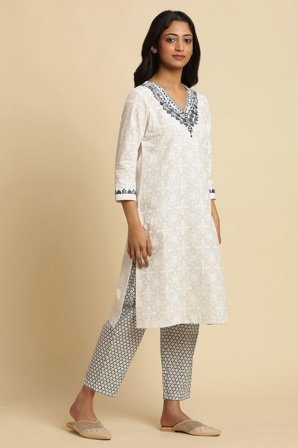 White Khadi Printed Cotton Kurta, Pants and Dupatta Set