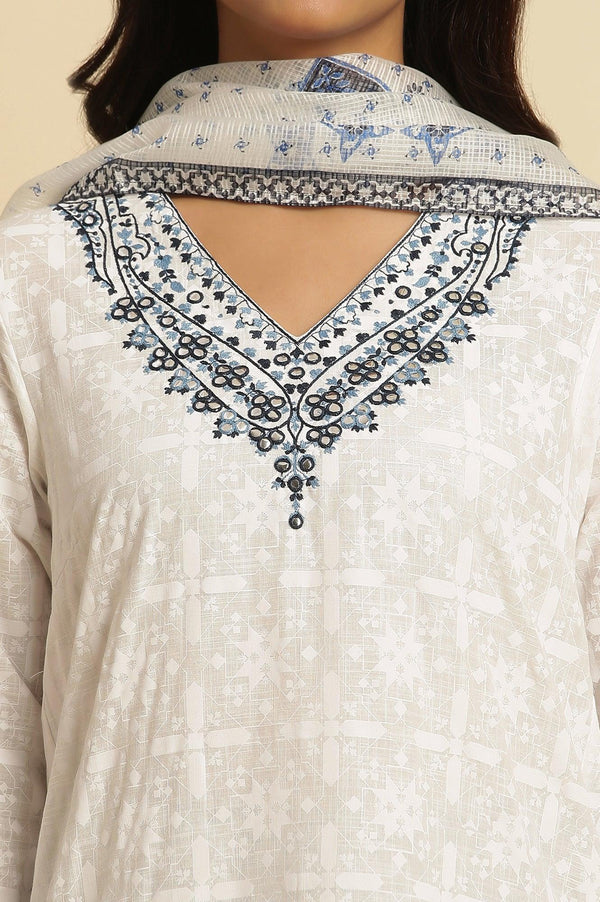 White Khadi Printed Cotton Kurta, Pants and Dupatta Set