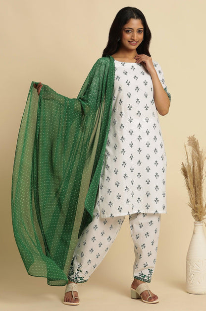 White Embroidered Kurta, Gathered Salwar And Dupatta Set - wforwoman