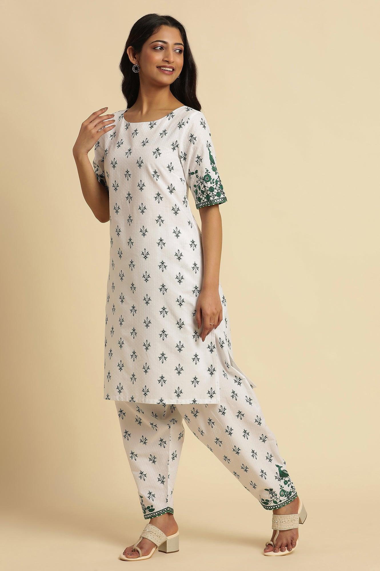 White Embroidered Kurta, Gathered Salwar And Dupatta Set - wforwoman