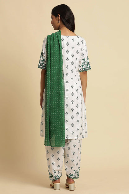 White Embroidered Kurta, Gathered Salwar And Dupatta Set - wforwoman