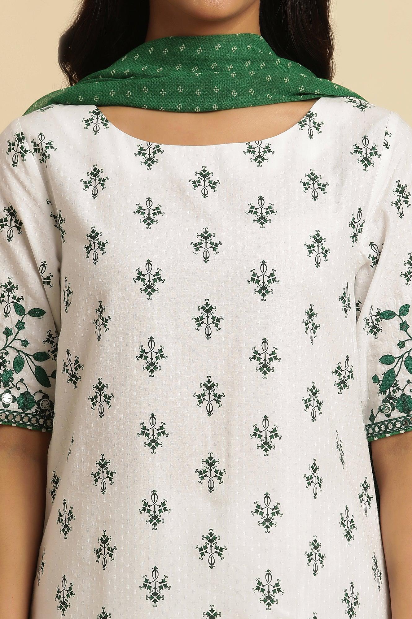 White Embroidered Kurta, Gathered Salwar And Dupatta Set - wforwoman