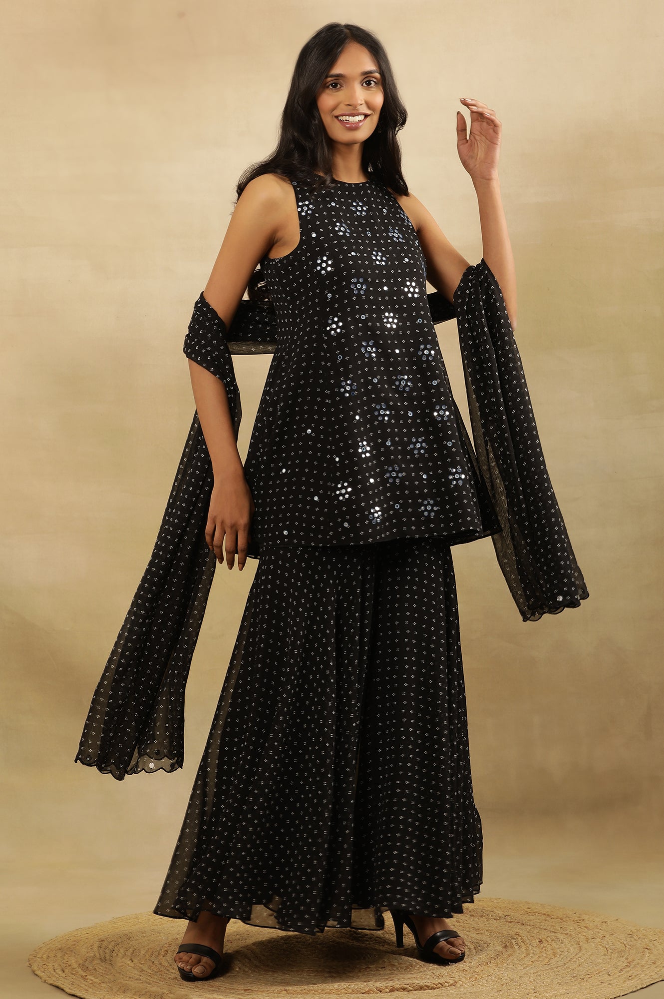Black Printed Flared Short Kurta, Sharara Ad Dupatta Set