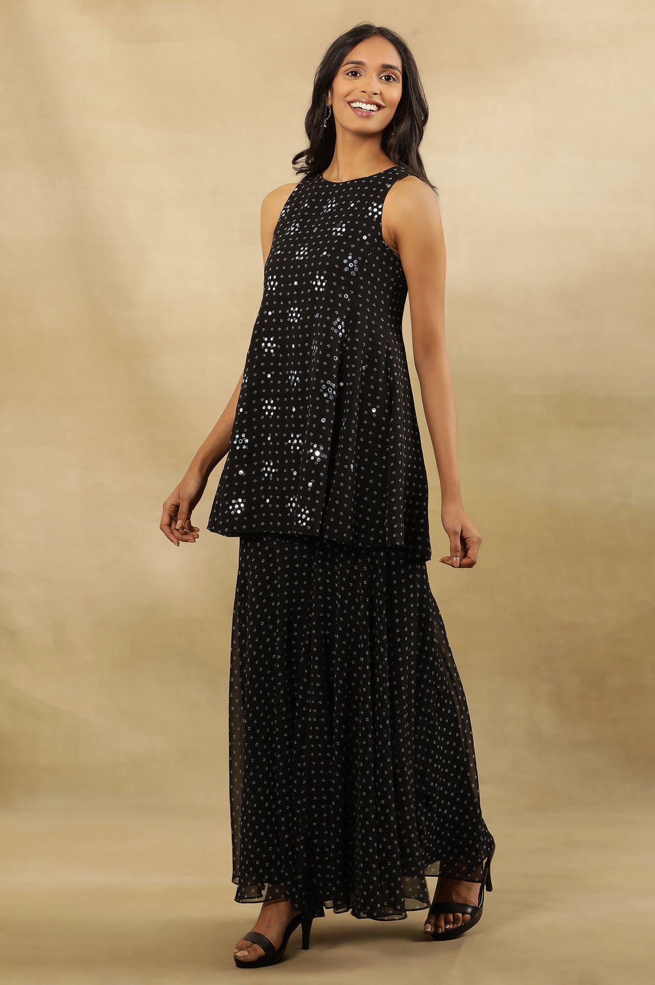 Black Printed Flared Short Kurta, Sharara Ad Dupatta Set