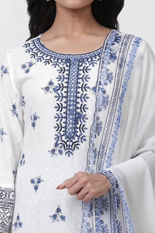 White Printed Kurta With Embroidery, Pants And Dupatta Set