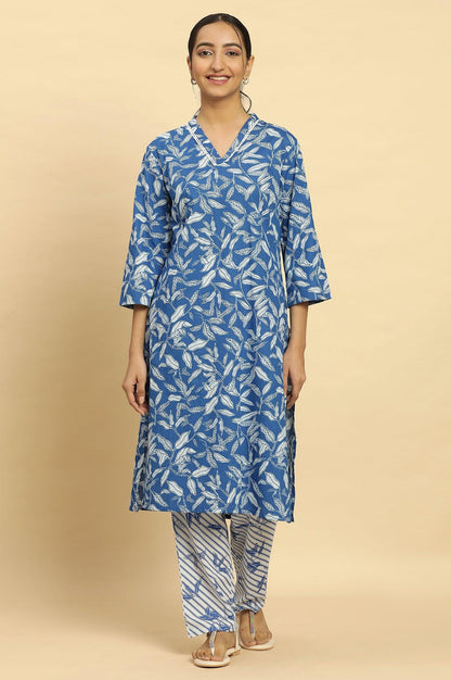 Blue Leaf Printed Straight Kurta And Pants Set - wforwoman