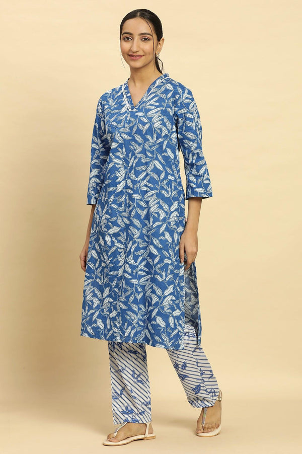 Blue Leaf Printed Straight Kurta And Pants Set
