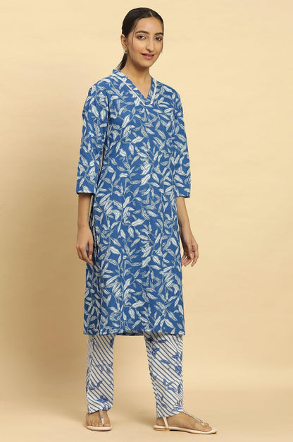 Blue Leaf Printed Straight Kurta And Pants Set - wforwoman