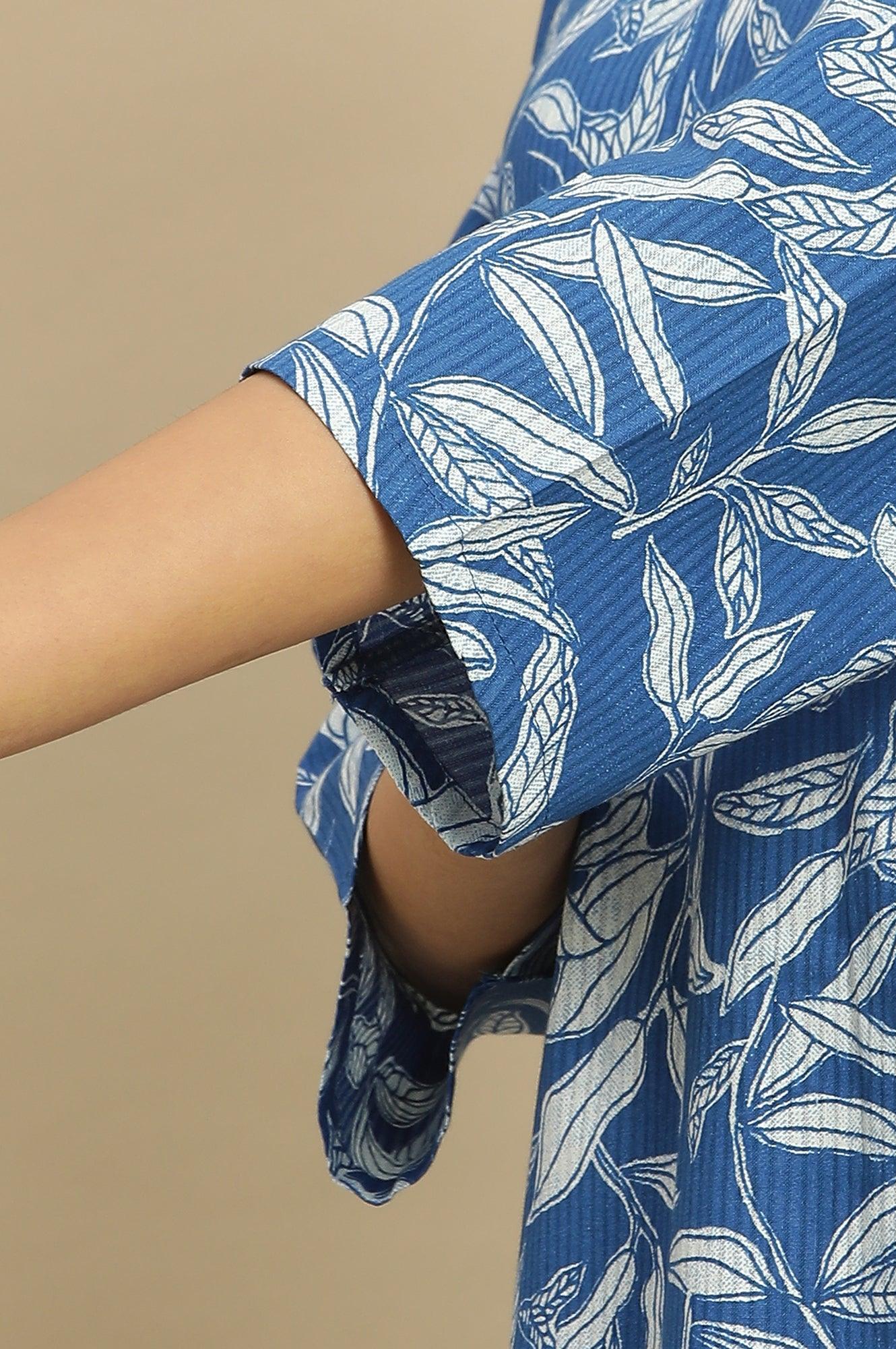 Blue Leaf Printed Straight Kurta And Pants Set - wforwoman