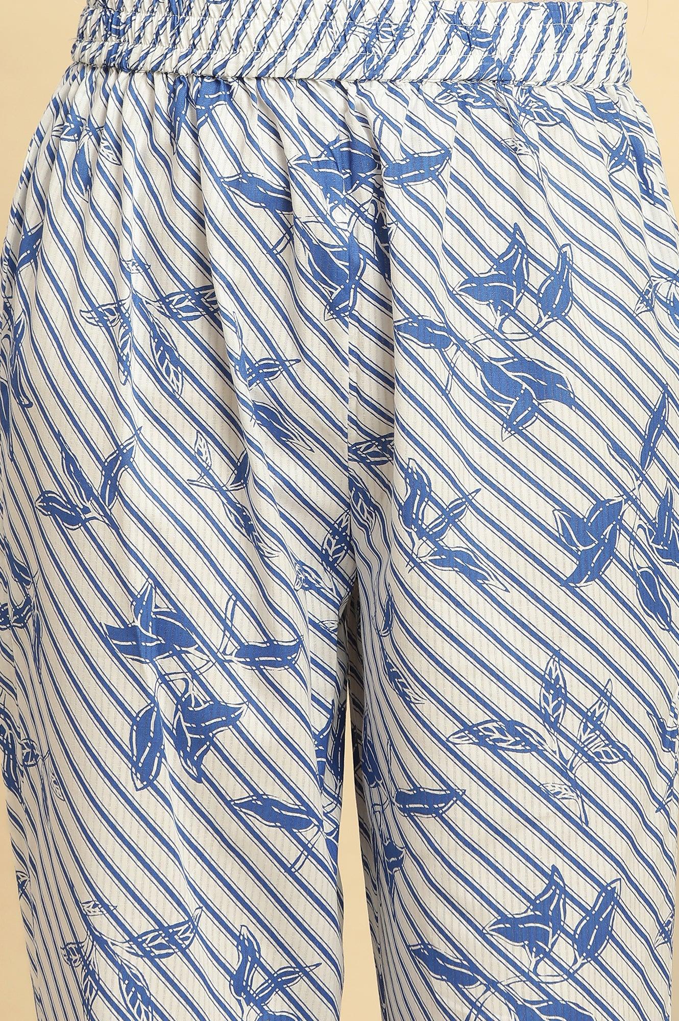 Blue Leaf Printed Straight Kurta And Pants Set - wforwoman