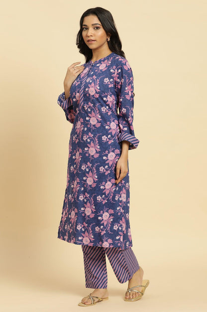 Navy Blue Floral Printed Kurta And Stripe Pants Set - wforwoman
