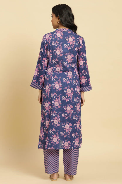Navy Blue Floral Printed Kurta And Stripe Pants Set - wforwoman