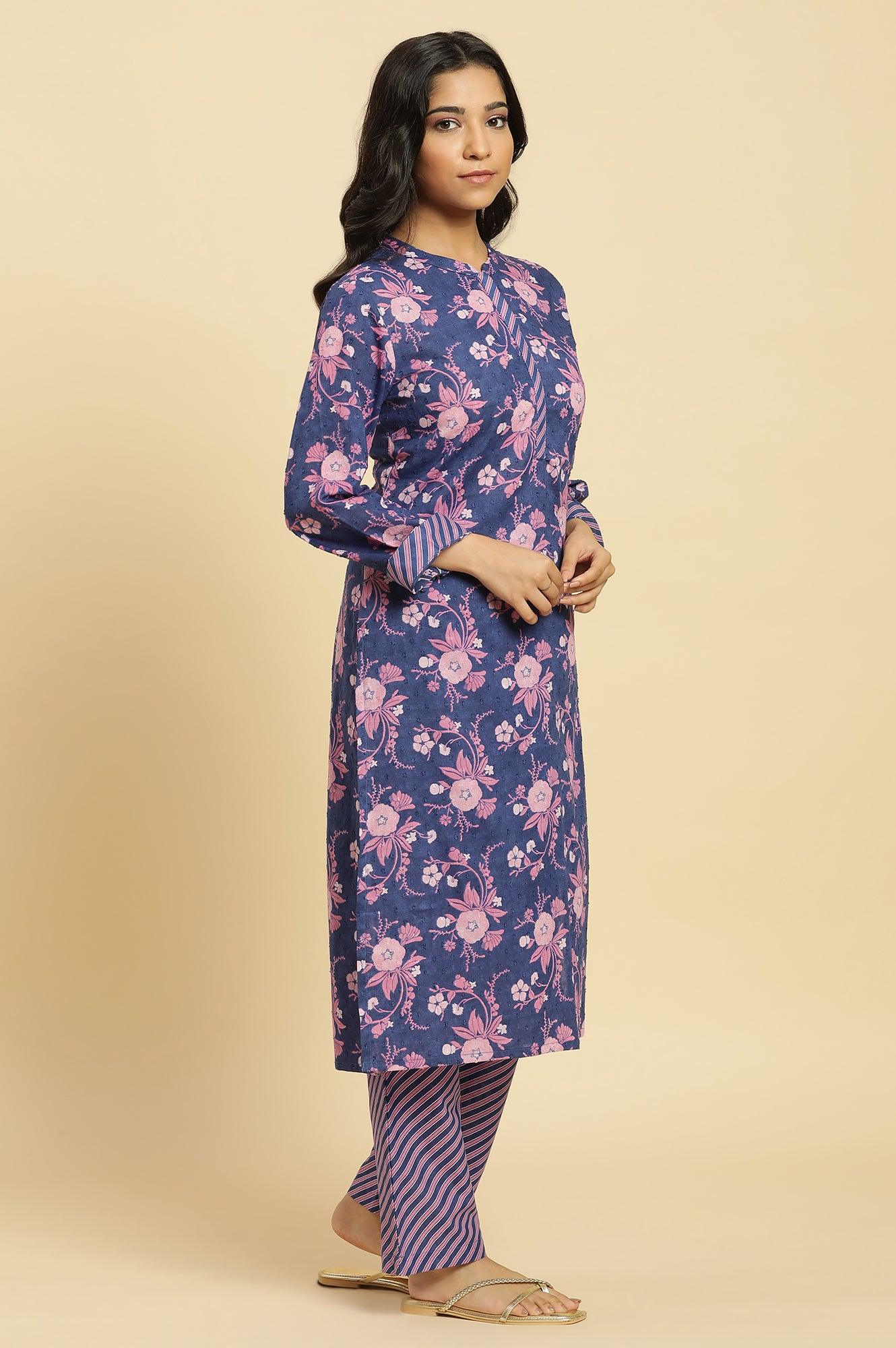 Navy Blue Floral Printed Kurta And Stripe Pants Set - wforwoman