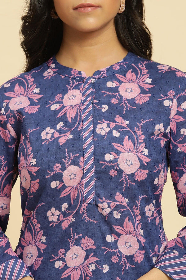 Navy Blue Floral Printed Kurta And Stripe Pants Set