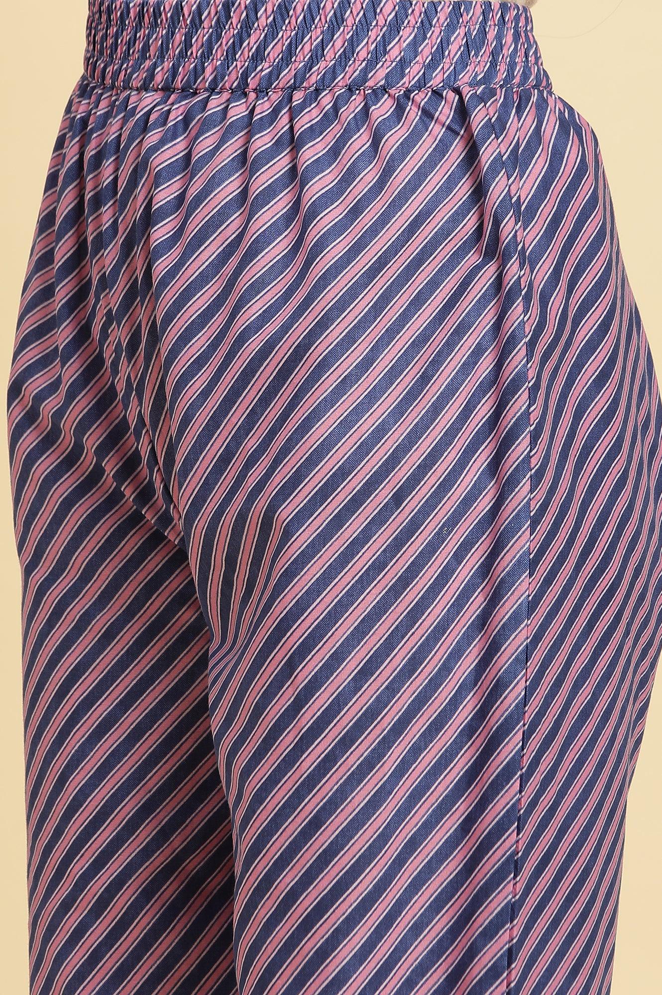 Navy Blue Floral Printed Kurta And Stripe Pants Set - wforwoman