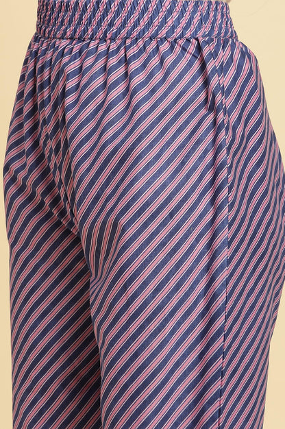 Navy Blue Floral Printed Kurta And Stripe Pants Set - wforwoman