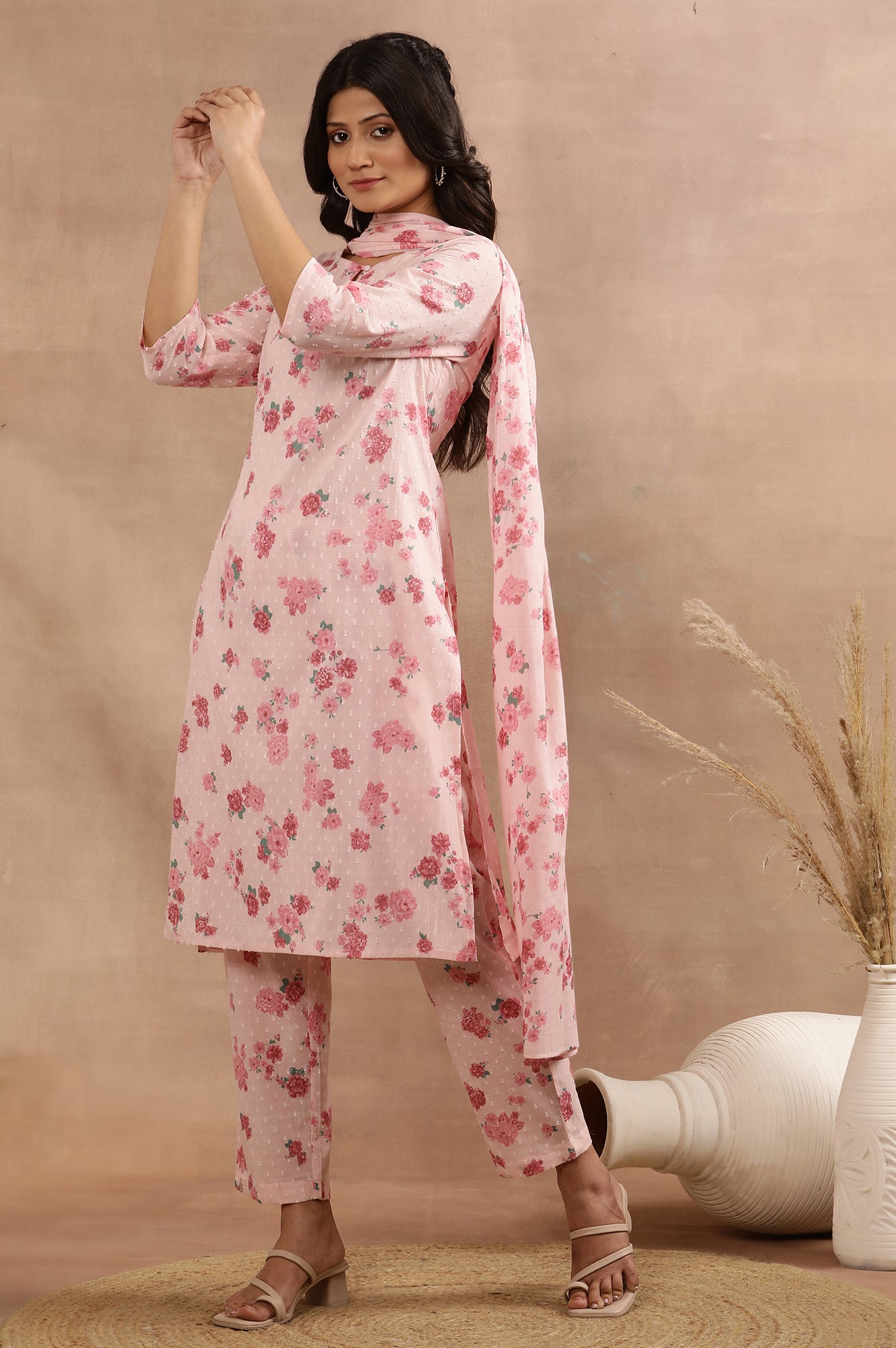 Pink Floral Printed Swiss Dot Kurta, Pants And Dupatta Set