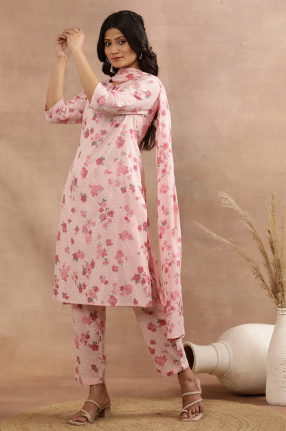 Pink Floral Printed Swiss Dot Kurta, Pants And Dupatta Set
