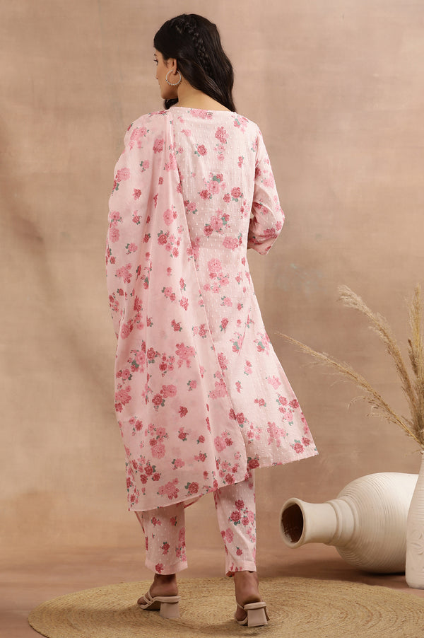 Pink Floral Printed Swiss Dot Kurta, Pants And Dupatta Set