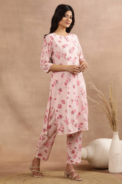 Pink Floral Printed Swiss Dot Kurta, Pants And Dupatta Set