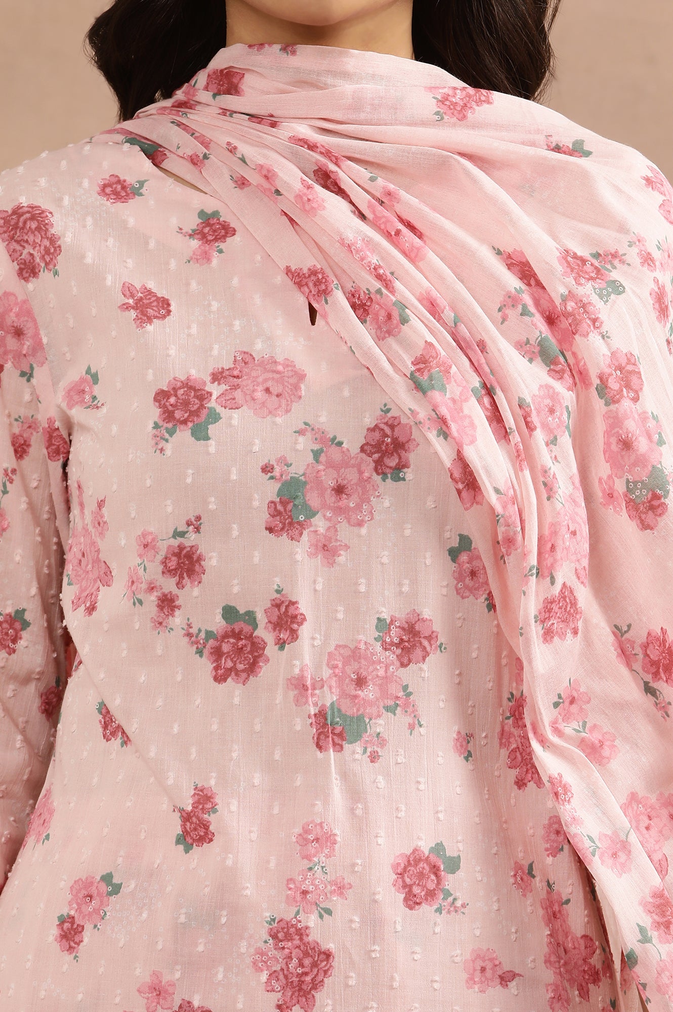 Pink Floral Printed Swiss Dot Kurta, Pants And Dupatta Set