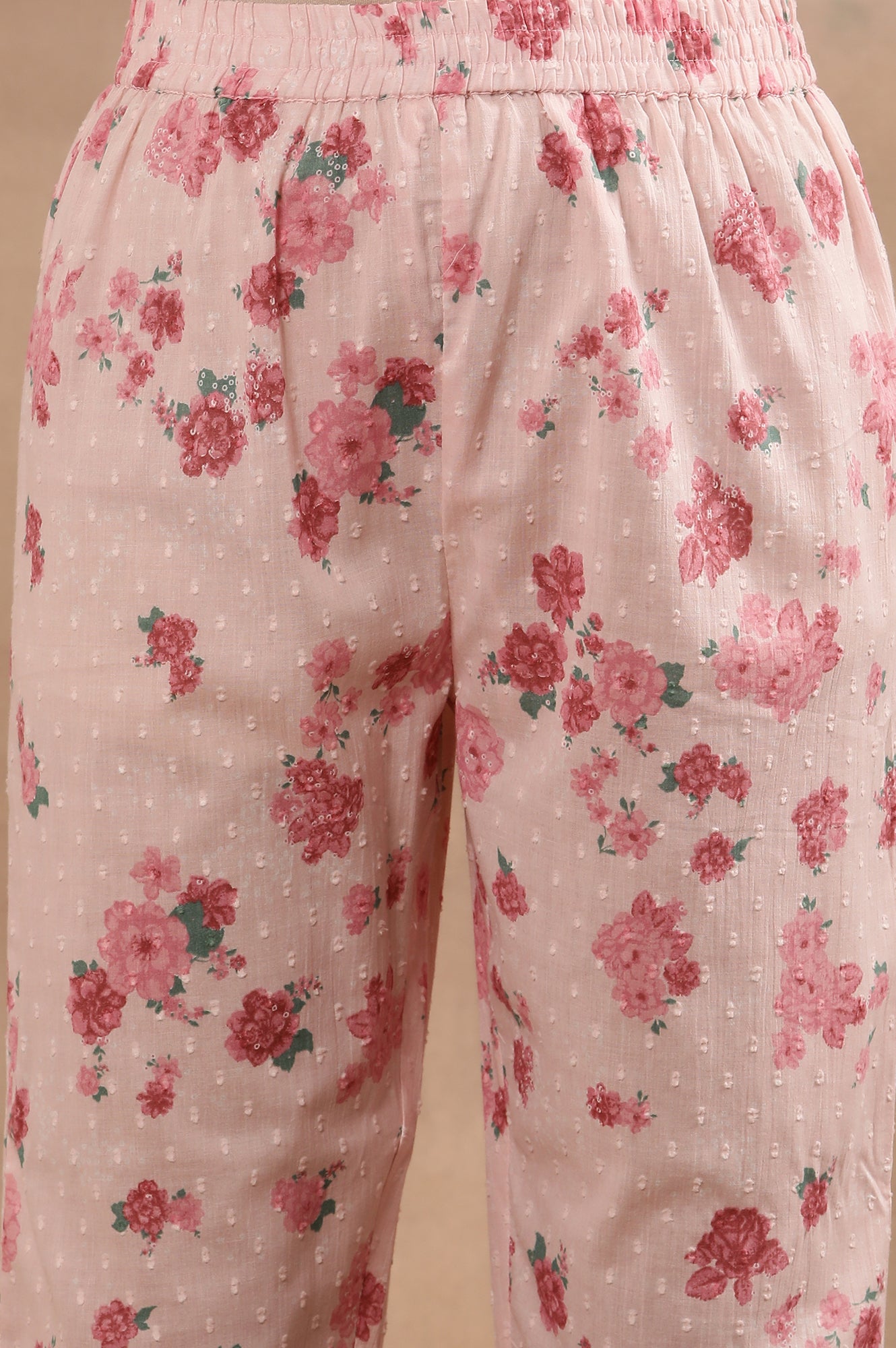 Pink Floral Printed Swiss Dot Kurta, Pants And Dupatta Set