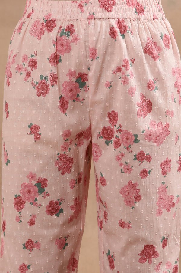 Pink Floral Printed Swiss Dot Kurta, Pants And Dupatta Set