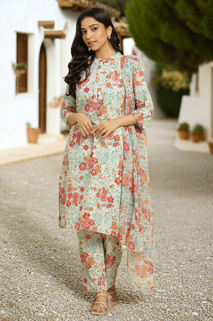 White Floral Printed Coordinated Kurta, Pants And Dupatta Set