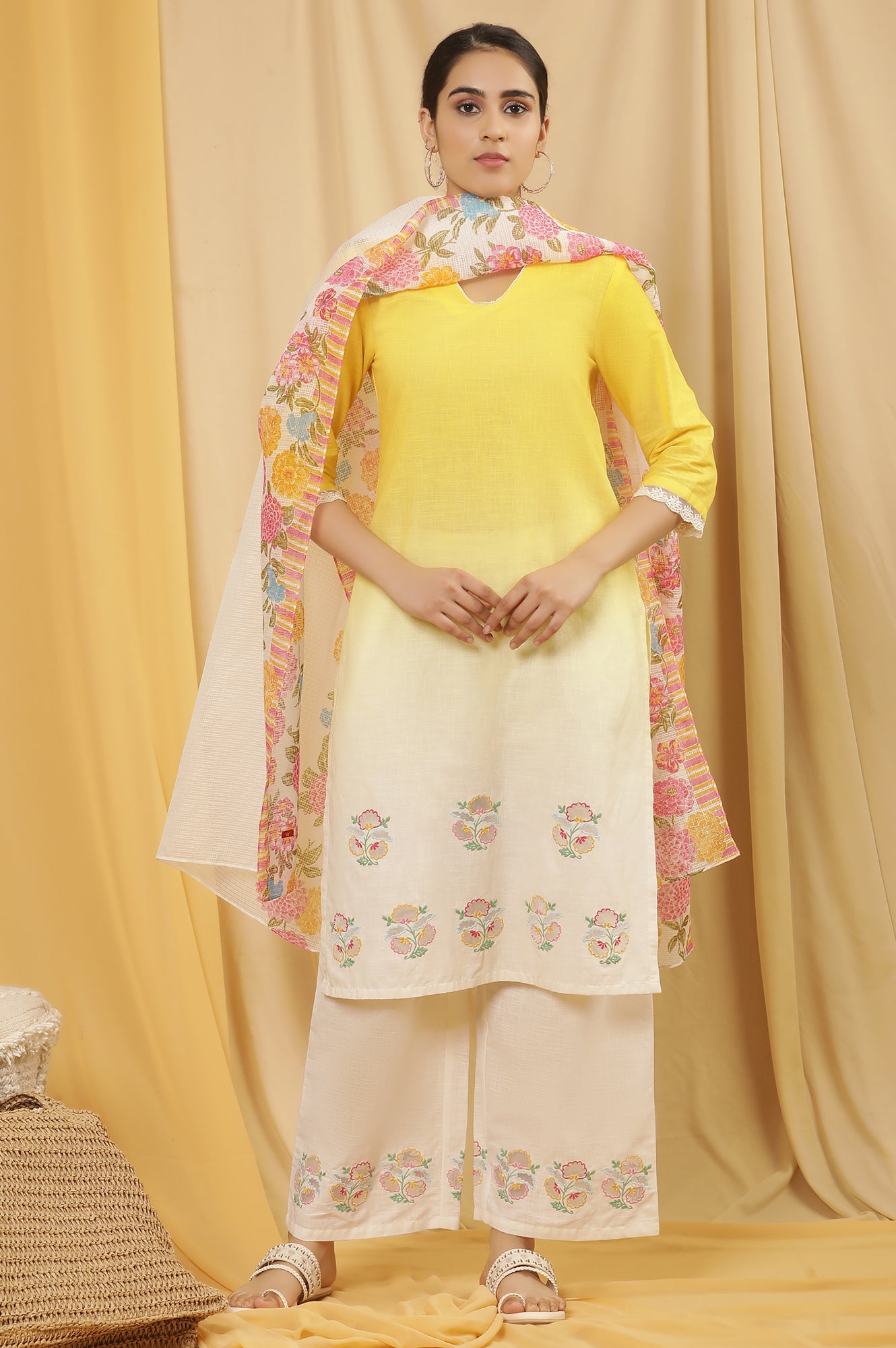 Yellow Ombre Embroidered Kurta, Pants And Dupatta Set