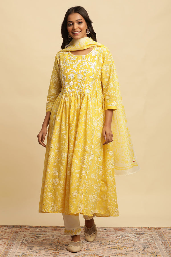 Yellow Floral Printed Kurta, Pants and Dupatta Set