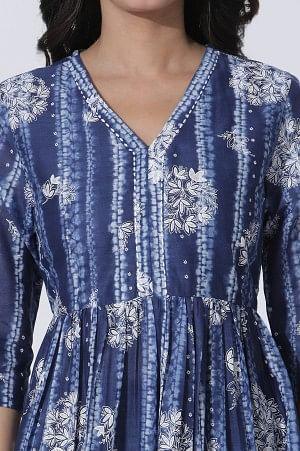 Deep Blue Gathered Tie-Dye Floral Printed Kurta