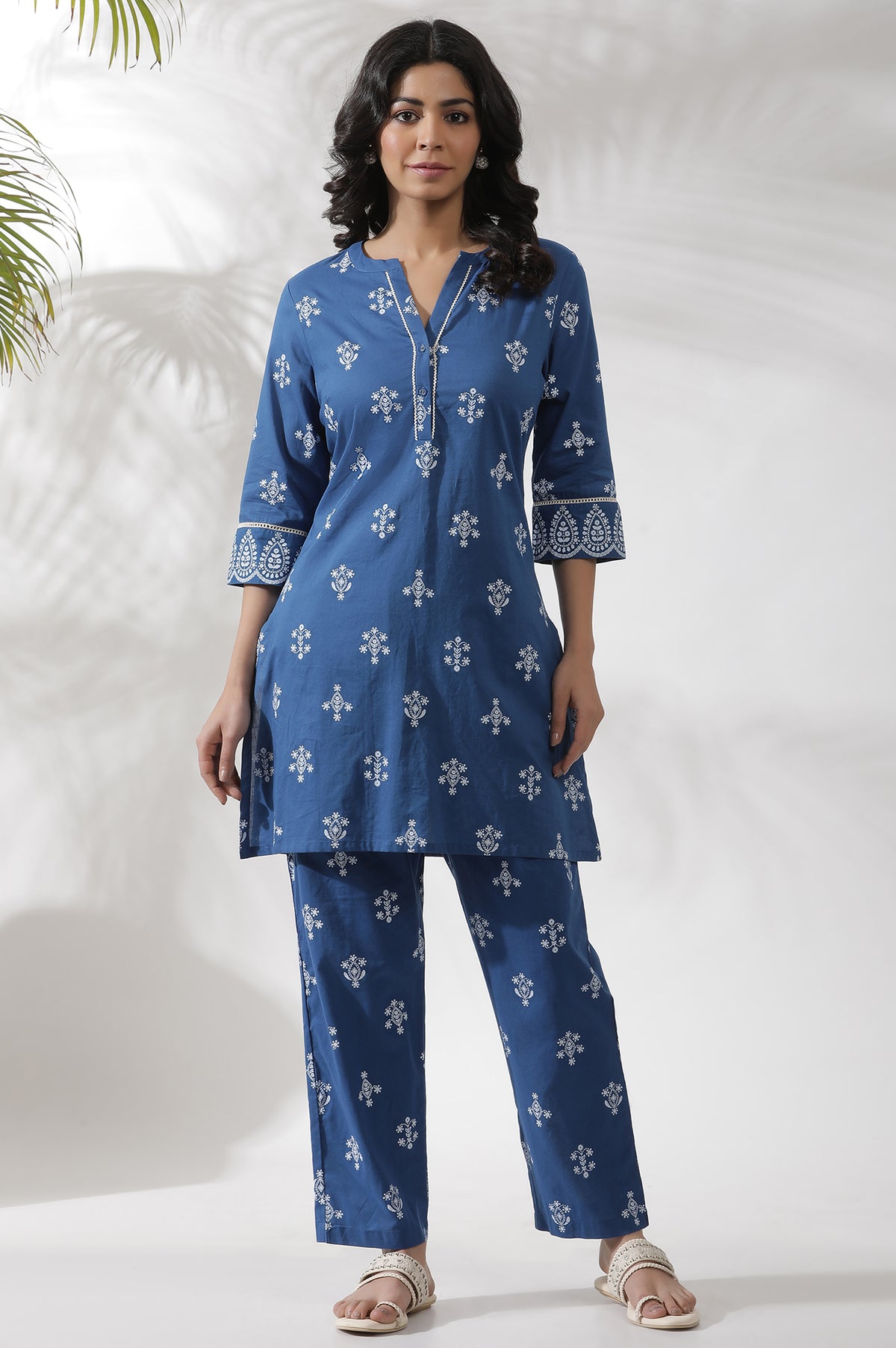 Blue Printed Cotton Kurta And Pants Co-Ord Set - XS