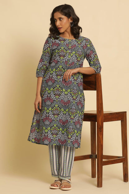 Black Floral Printed Straight Kurta And Pants Set - wforwoman