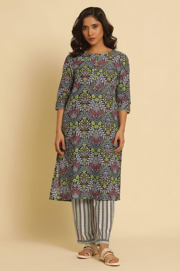 Black Floral Printed Straight Kurta And Pants Set