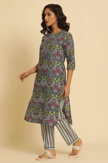 Black Floral Printed Straight Kurta And Pants Set - wforwoman