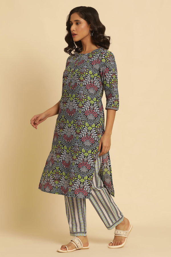 Black Floral Printed Straight Kurta And Pants Set