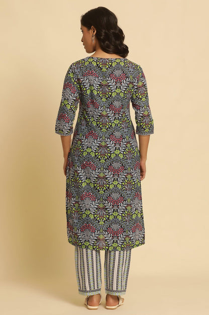 Black Floral Printed Straight Kurta And Pants Set - wforwoman