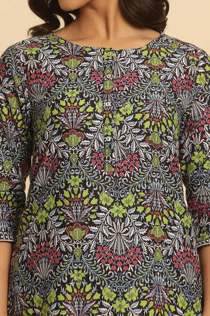Black Floral Printed Straight Kurta And Pants Set - wforwoman