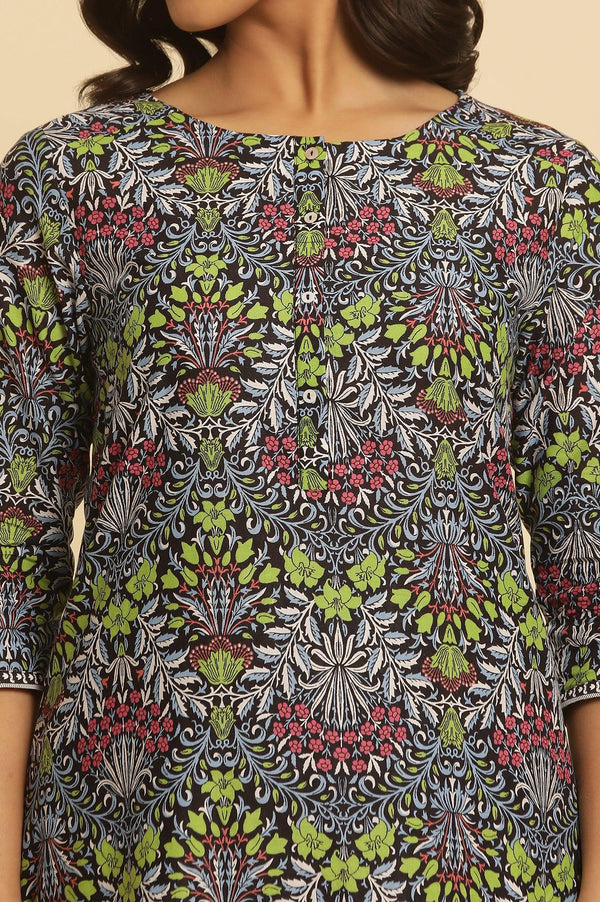 Black Floral Printed Straight Kurta And Pants Set