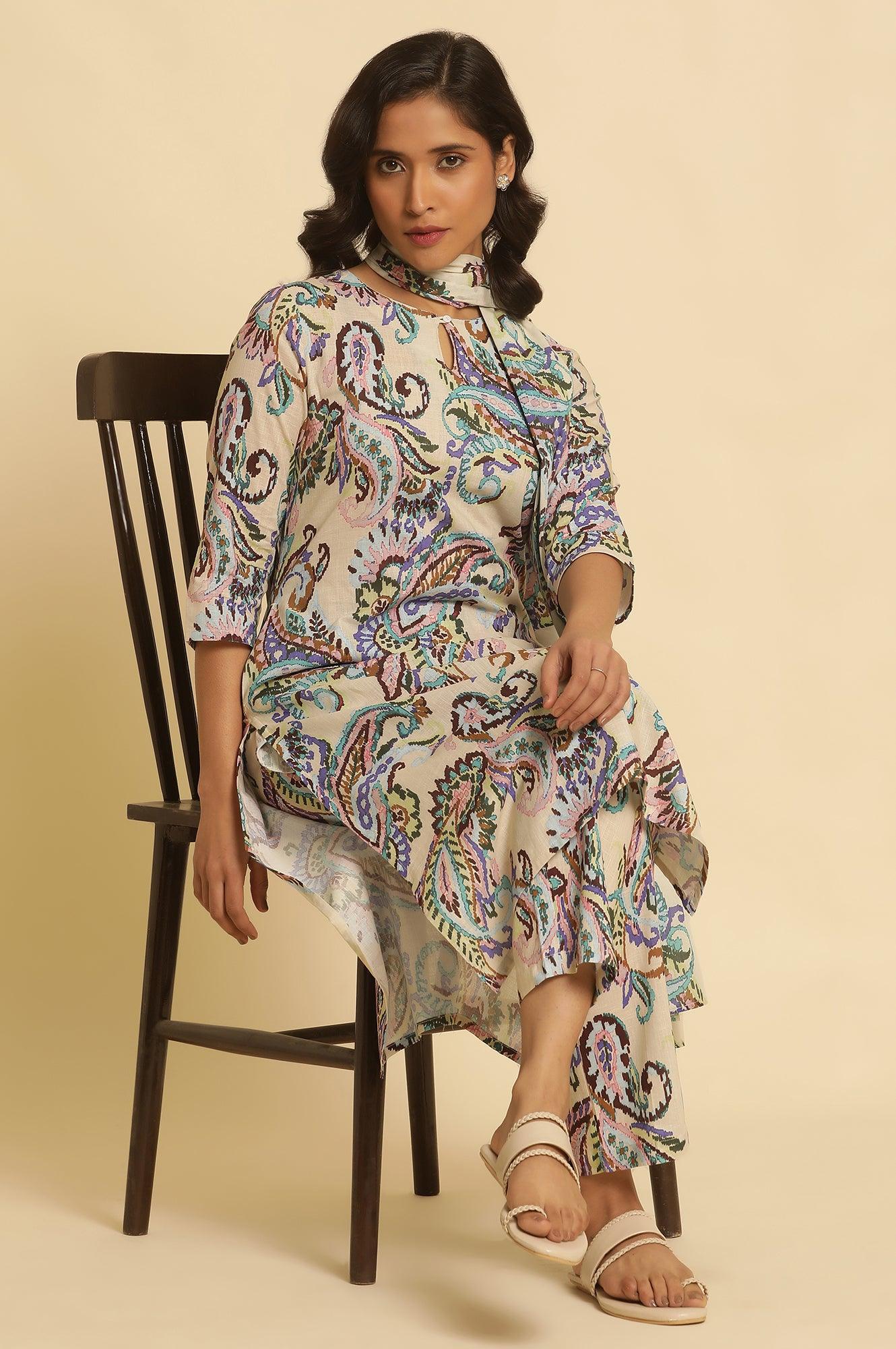 Ecru Floral Printed Straight Kurta And Pants Set - wforwoman