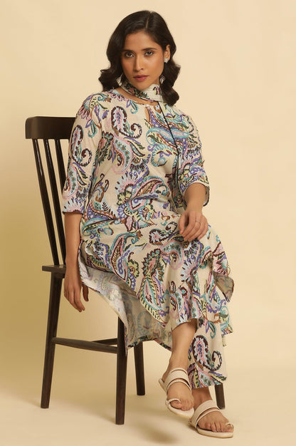 Ecru Floral Printed Straight Kurta And Pants Set - wforwoman