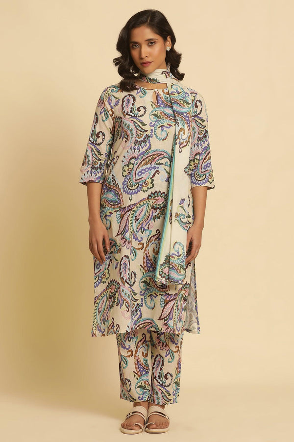 Ecru Floral Printed Straight Kurta And Pants Set